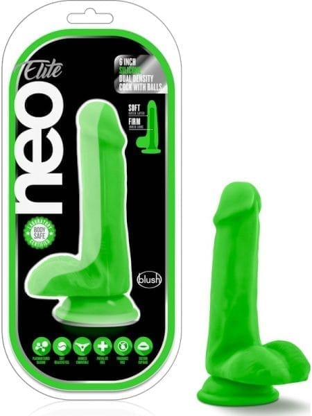 Neo Elite 6in Silicone Dual Density Cock with Balls Neon Green