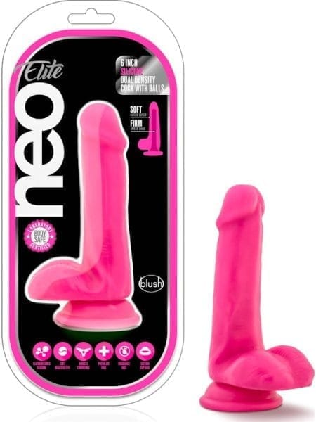 Neo Elite 6in Silicone Dual Density Cock with Balls Neon Pink