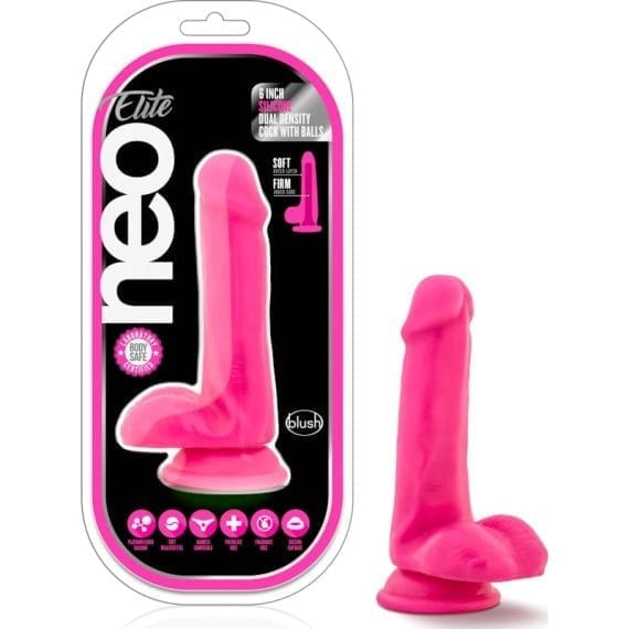 Neo Elite 6in Silicone Dual Density Cock with Balls Neon Pink