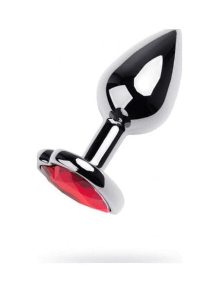 Silver Metal Anal Plug w Red Ruby Heart Gem Small