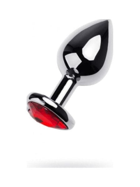 Silver Metal Anal Plug w Red Ruby Heart Crystal Medium