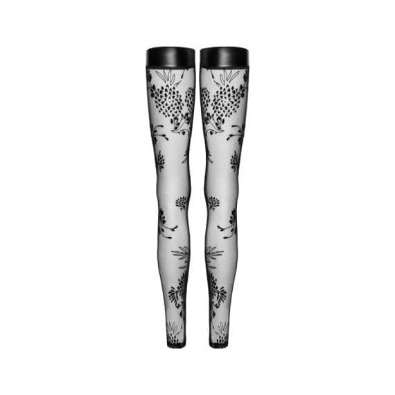 Tulle Stockings w Patterned Flock Embroidery & Power Wetlook Band