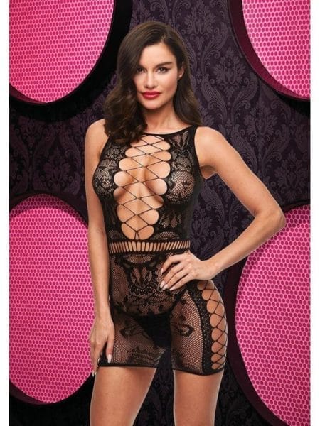 Sexy Fishnet & Lace Mini Dress Black