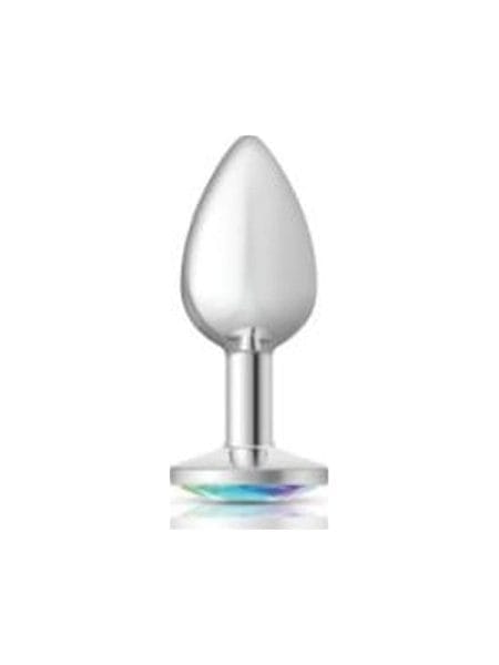 Cheeky Charms Silver Round Butt Plug w Clear Iridescent Jewel Small