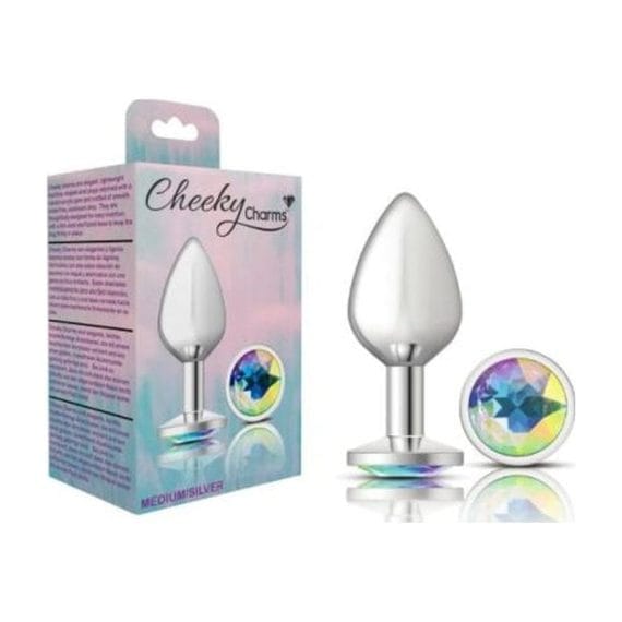 Cheeky Charms Silver Round Butt Plug W Clear Iridescent Jewel Large Cheeky Charms Silver Round Butt Plug w Clear Iridescent Jewel Large
