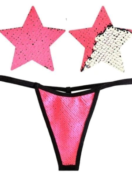 Bitchin Neon Pink and Silver Blacklight Sequin Pastie and Panty Set