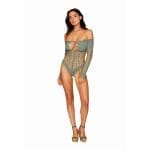 Dreamgirl Seamless Long Sleeve Teddy with Removeable Gold Halter Chain Sage