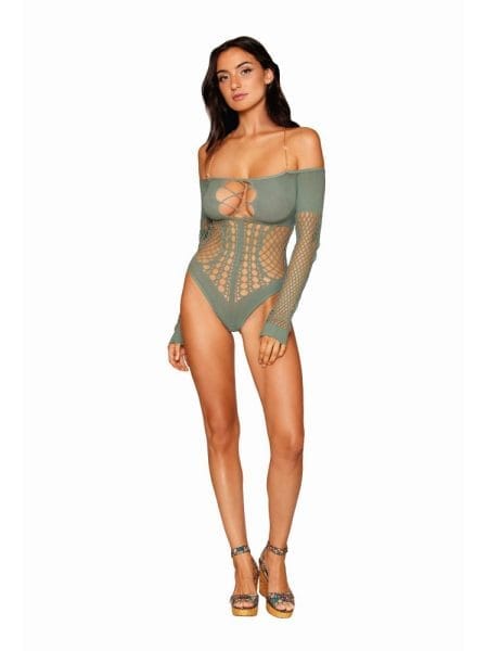 Dreamgirl Seamless Long Sleeve Teddy with Removeable Gold Halter Chain Sage