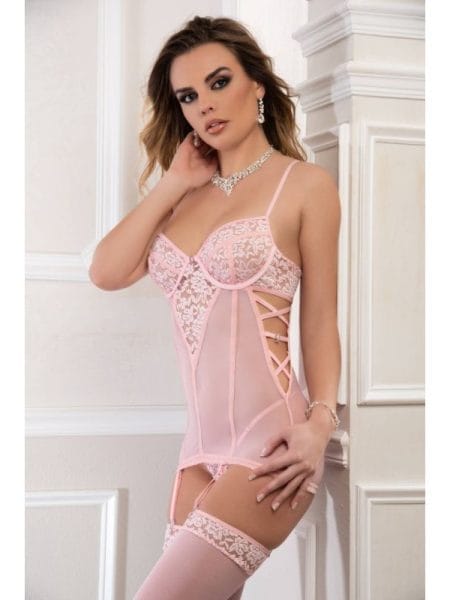 3 Pc Criss Cross Sheer Mini Dress w Thong and Stockings Rose Angel