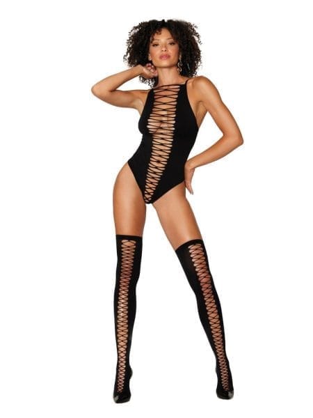 Dreamgirl Opaque Seamless Criss-Cross Teddy w Matching Stockings Set Black