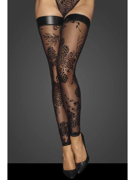 Tulle Stockings w Patterned Flock Embroidery & Power Wetlook Band