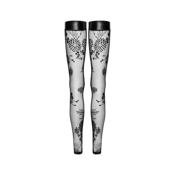 Tulle Stockings w Patterned Flock Embroidery & Power Wetlook Band