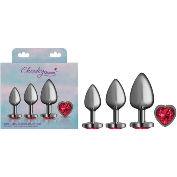 Cheeky Charms Round Metal Butt Plug Gunmetal 3 Pc Kit w Dark Red Heart Jewel