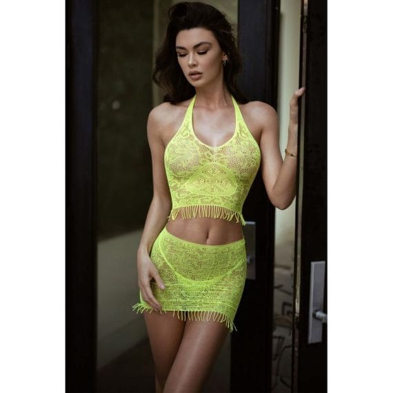 Eyelash Lace 3 Pc Crop, Skirt And Thong Neon Yellow Eyelash Lace 3 Pc Crop, Skirt and Thong Neon Yellow