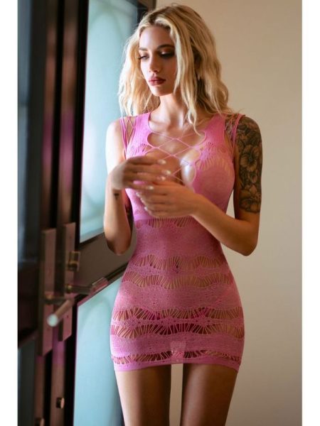 Fitted Lace Mini Dress and Thong Pink