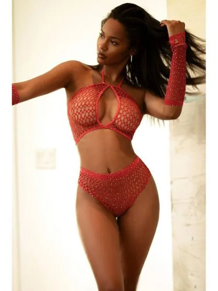 Rhinestone 3 Pc Halter Ensemble Set Red