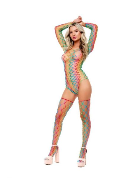 Diamond Net Bodysuit With Thigh High Rainbow