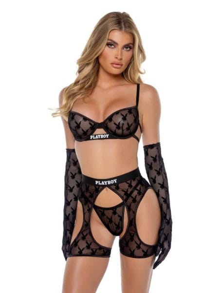Playboy Flocked Bunny Chaps 3 Pc Set  Black
