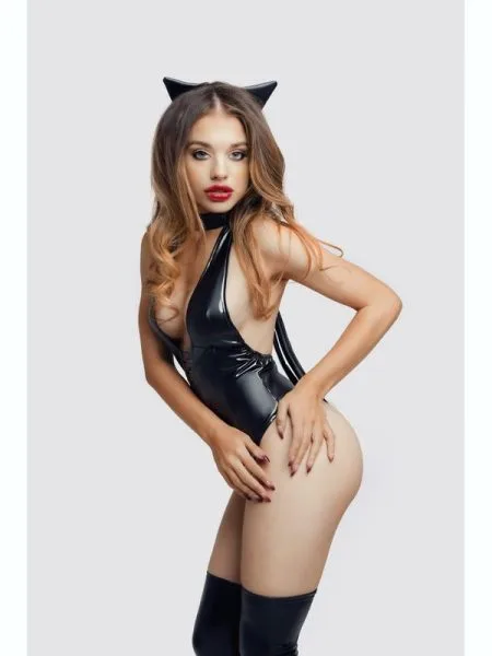 Glossy Kitti Wetlook Bodysuit and Cat Ears Black