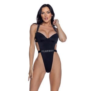 Playboy Black High-Leg 1 Pc Swimsuit With Rhinestone Logo 168473 1 PlayBoy Black High-Leg 1 Pc Swimsuit with Rhinestone Logo
